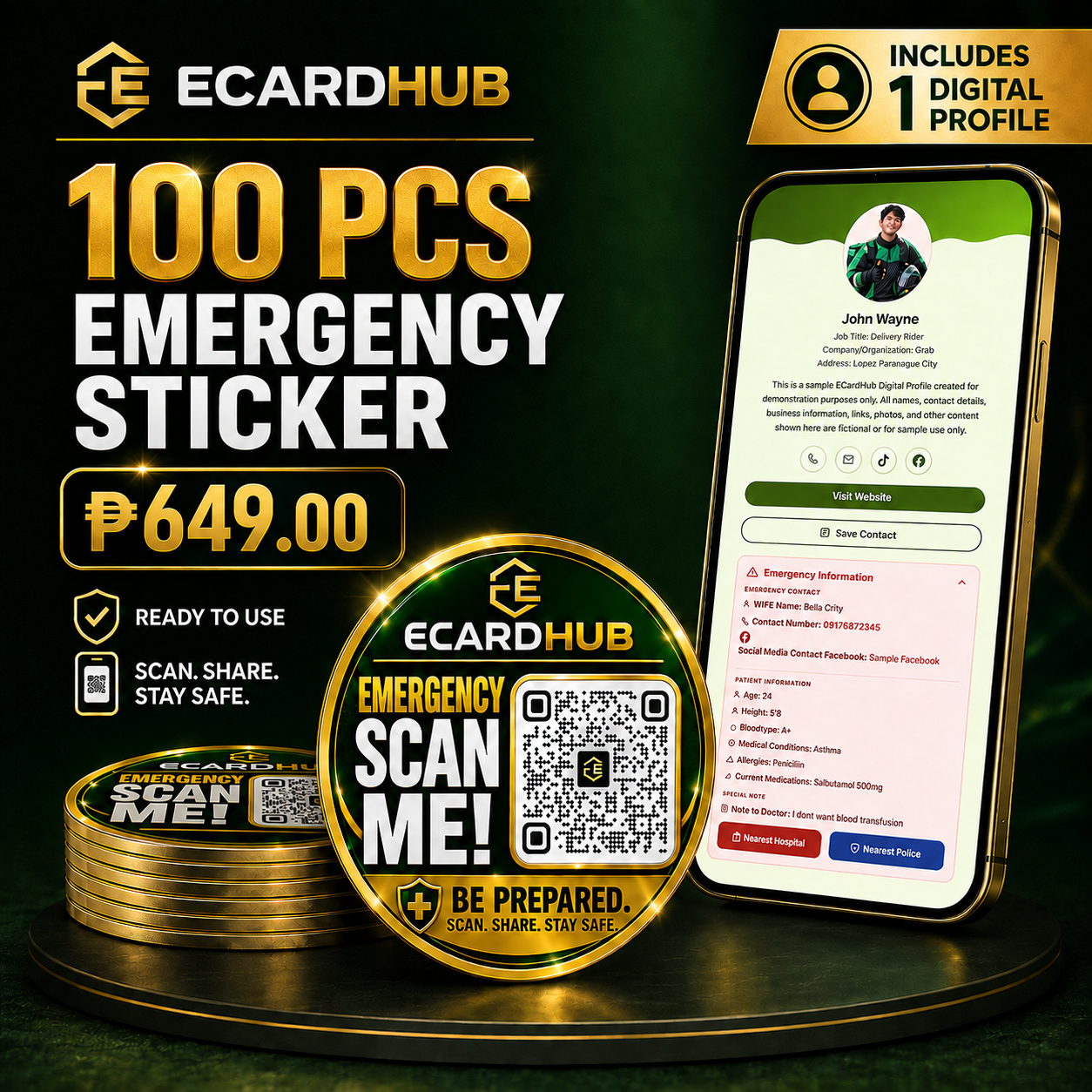 ECARD COSTUMIZED STICKERS WITH DIGITAL PROFILE - 2X2 INCH 100- STICKER WITH 1 DIGITAL PROFILE